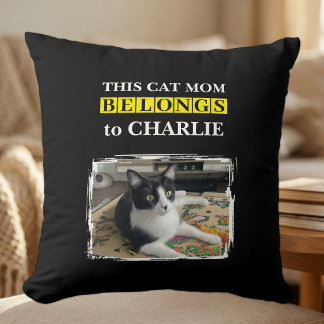 This cat mum belongs to name photo black yellow cushion