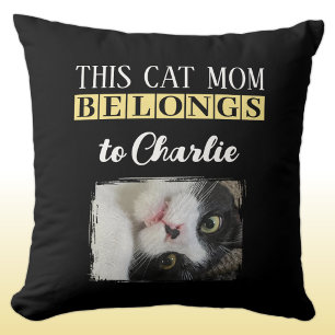 This cat mum belongs to name photo black yellow cushion