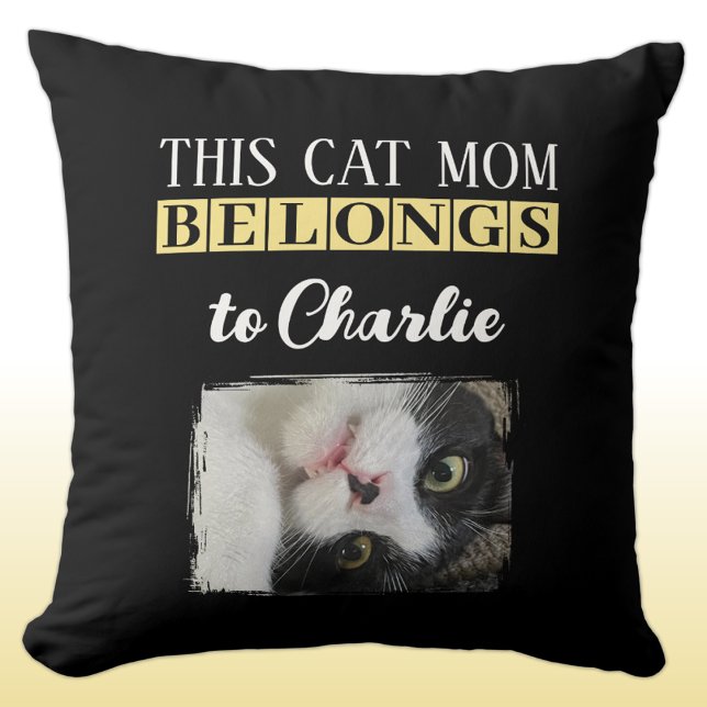This cat mum belongs to name photo black yellow cushion (Creator Uploaded)