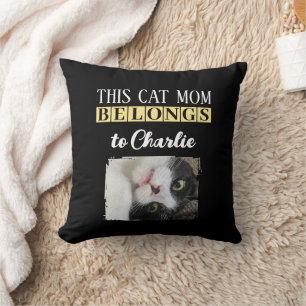 This cat mum belongs to name photo black yellow cushion