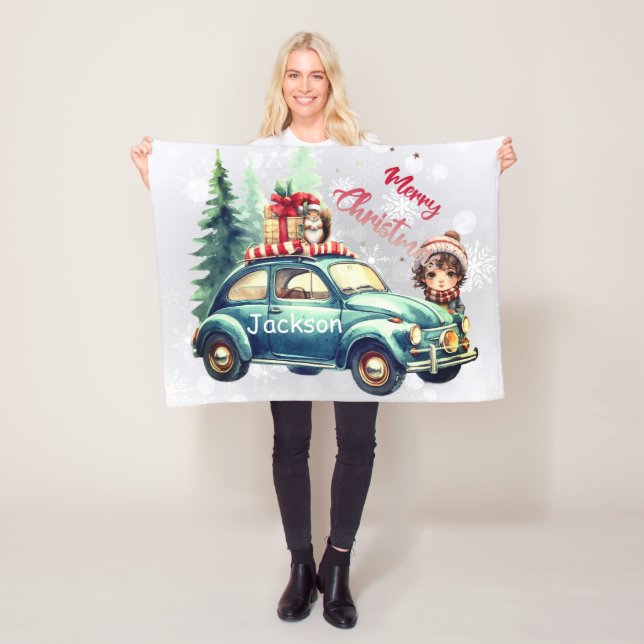 This Christmas Accent Pillow with a car on it  Fleece Blanket (In Situ)