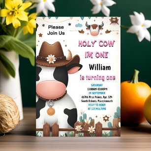 This Farm Cute Floral Pink Holy Cow 1st Birthday Invitation