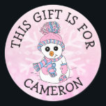 This Gift is For Name Tag Cute Snowman Christmas<br><div class="desc">Sweet hand drawn pink and blue snowman with Christmas Lights cartoon with snowflake personalised gift tag for Christmas gifts.</div>