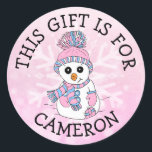 This Gift is For Name Tag Cute Snowman Christmas<br><div class="desc">Sweet hand drawn pink and blue snowman with Christmas Lights cartoon with snowflake personalised gift tag for Christmas gifts.</div>