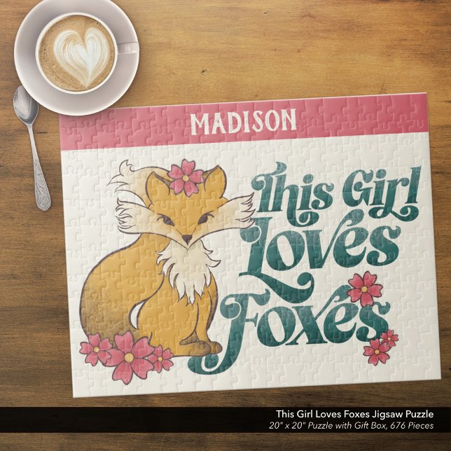 This Girl Loves Foxes Jigsaw Puzzle ("This Girl Loves Foxes" Personalized Jigsaw Puzzle with Original Hand Drawn Fox & Flowers Artwork. )