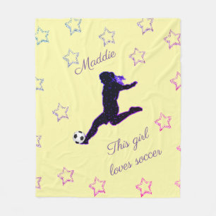 This Girl Loves Soccer Stars/Sparkles Pale Yellow Fleece Blanket