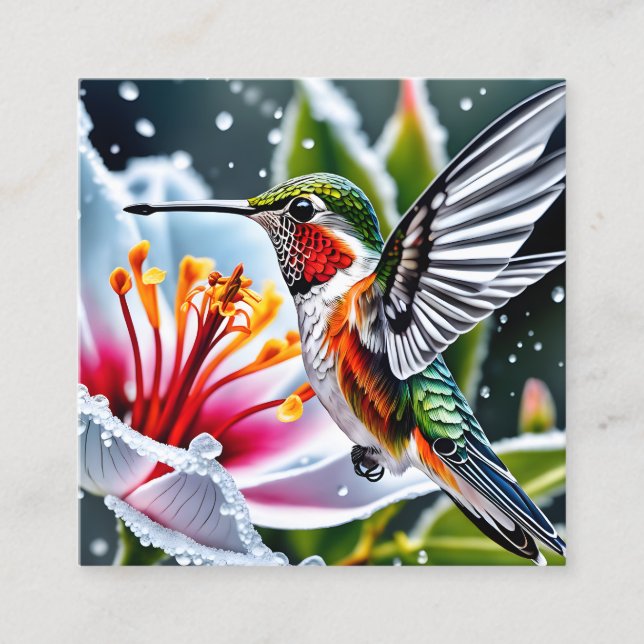 This is a beautiful frosted hibiskus hummingbird b square business card (Front)