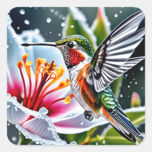 This is a beautiful frosted hibiskus hummingbird b square sticker