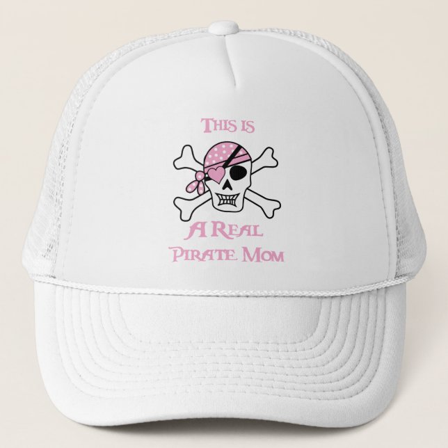 This is a Real Pirate Mum - Pink Skull Trucker Hat (Front)