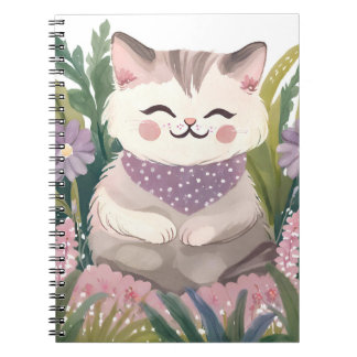 This is an adorable kitten resting on the plants notebook