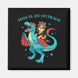 This is an Outrage Cat Riding Dinosaur Funny Magnet