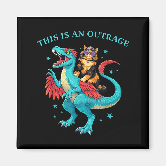 This is an Outrage Cat Riding Dinosaur Funny Magnet (Front)
