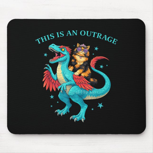 This is an Outrage Cat Riding Dinosaur Funny Mouse Pad (Front)