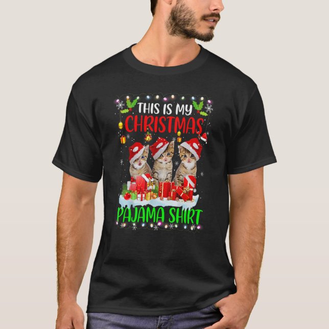 This Is My Christmas Pajama   Cat Santa Hat Lights T-Shirt (Front)