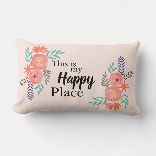 "This is my Happy Place" Quote Watercolor Floral Lumbar Cushion (Front)