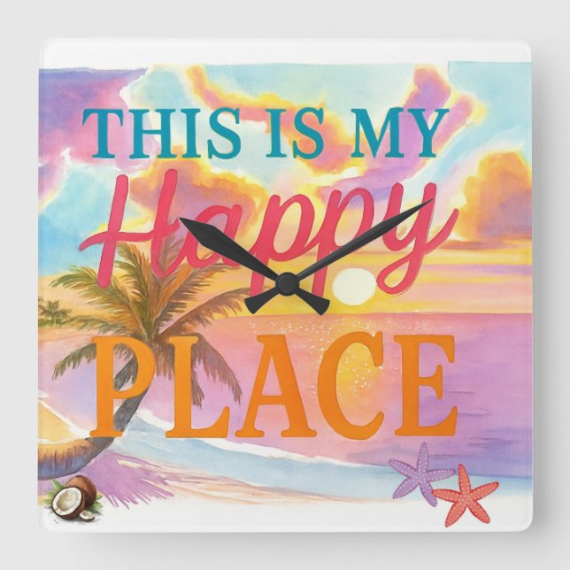 This is my happy place - Tropical Beach Square Wall Clock (Front)
