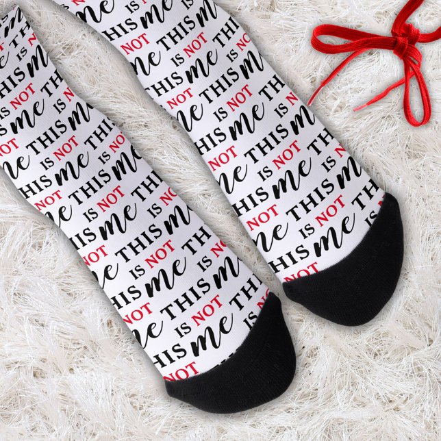 This Is Not Me Funny Red Black Typography Socks (Trendy Humorous Slogan Modern Typography Funny Socks)