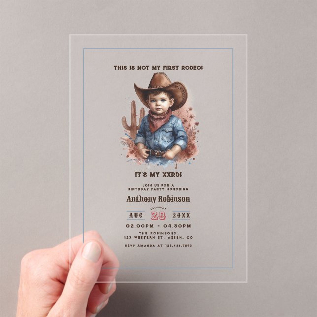 “This Is Not My First Rodeo” Rustic Western Cowboy Acrylic Invitations (Insitu (Handheld))