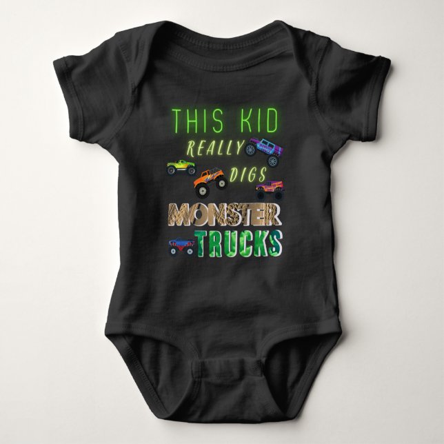 This Kid Really Digs Monster Trucks Baby Bodysuit (Front)