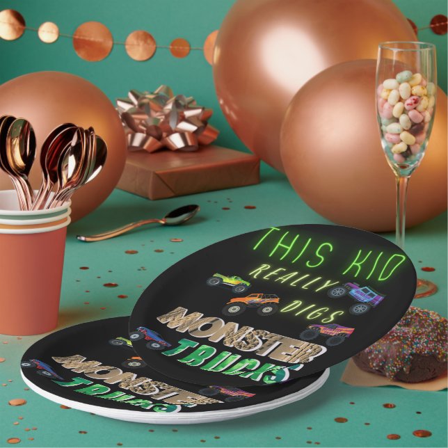 This Kid Really Digs Monster Trucks Paper Plate (Multi)