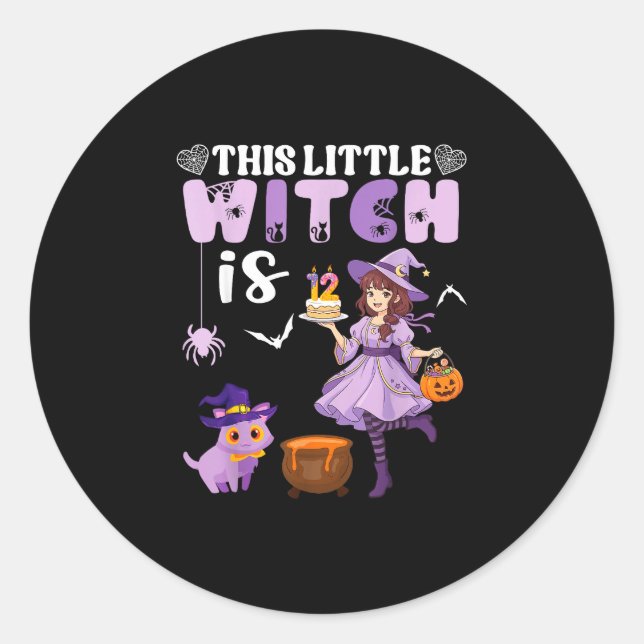 This little witch is 12 years old birthday classic round sticker (Front)