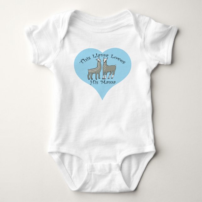 "This Llama Loves His Mama" Llamas in a Blue Heart Baby Bodysuit (Front)