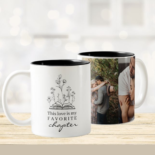 This love, book lovers Coffee Mug (Photo coffee mug with book and flowers graphic with text "This love is my favorite chapter")