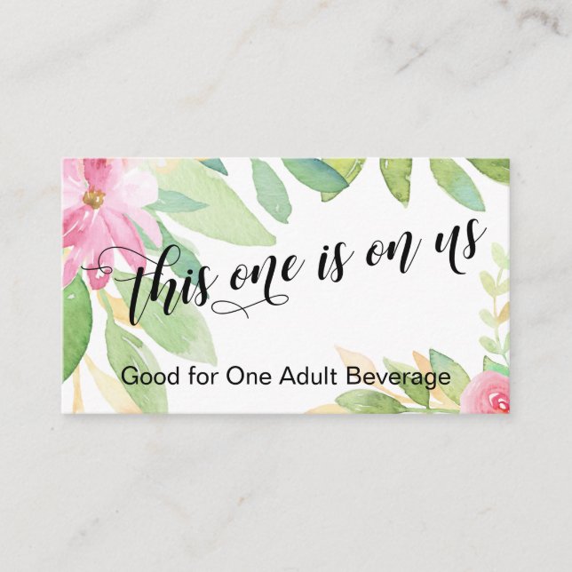 This One is On Us Script & Flowers Drink Ticket Enclosure Card (Front)