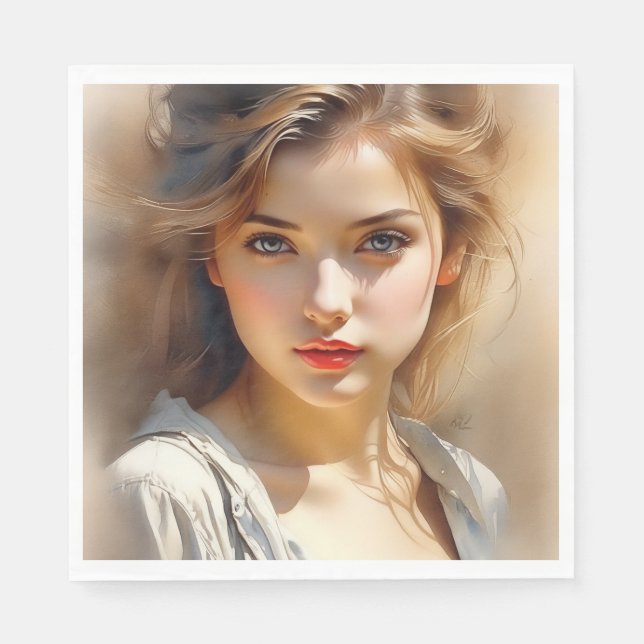 This pencil sketch is of a woman who looks to be f napkin (Front)