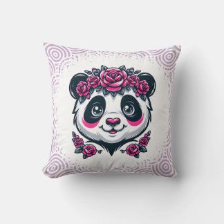 This smiling panda framed by pink roses blends exo cushion