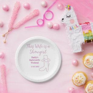 this wife is a showgirl bachelorette party purple paper plate