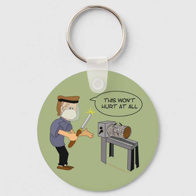 This Won't Hurt Funny Woodturning Cartoon Key Ring (Front)