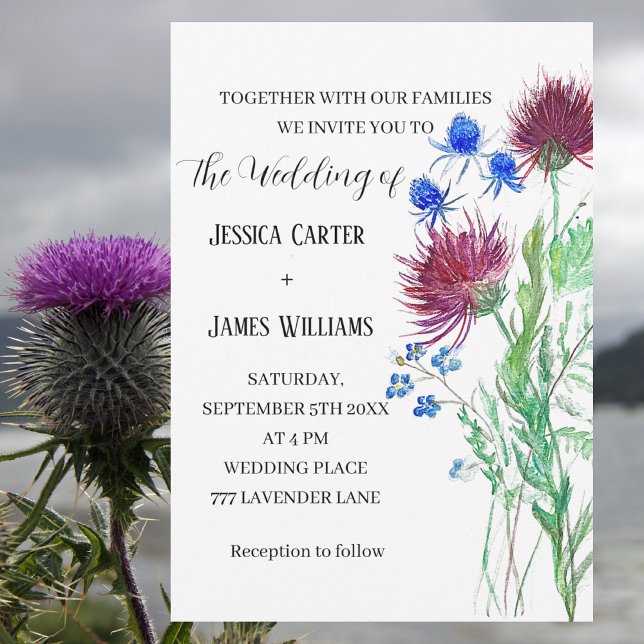 Thistle Cornflowers Watercolor Rustic Wedding Invitation (Creator Uploaded)
