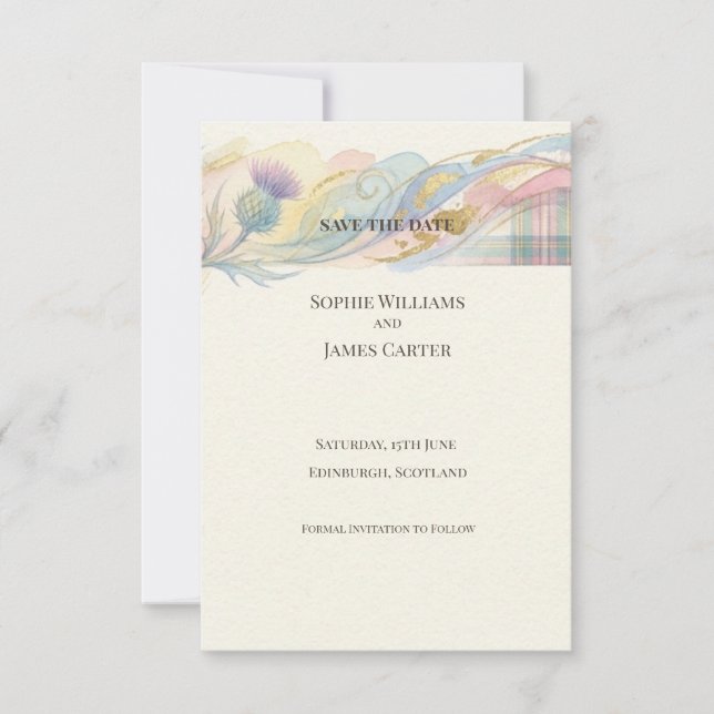 Thistle Feather Tartan Save the Date Card (Front)