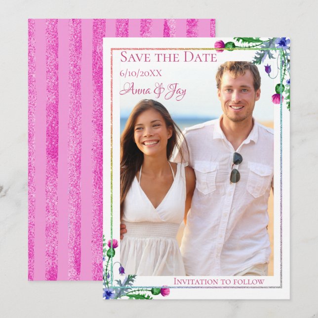 Thistle Floral Photo Save the Date Invitation (Front/Back)