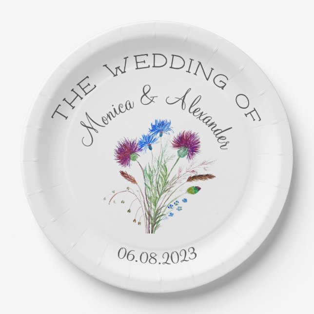 Thistle Floral Scottish Watercolor Wedding Party Paper Plate (Front)