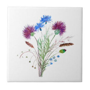 Thistle Flowers Vintage Watercolor Scotland Tile