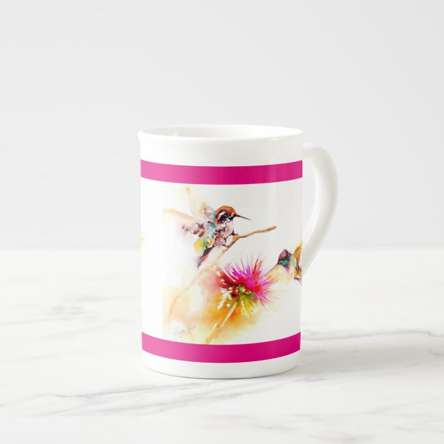 "Thistle for Two" Hummingbird Print Bone China Mug (Front Right)