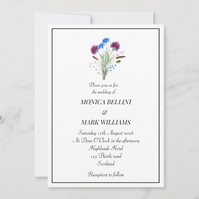 Thistle Purple Floral Scottish Minimalist Wedding Invitation (Front)