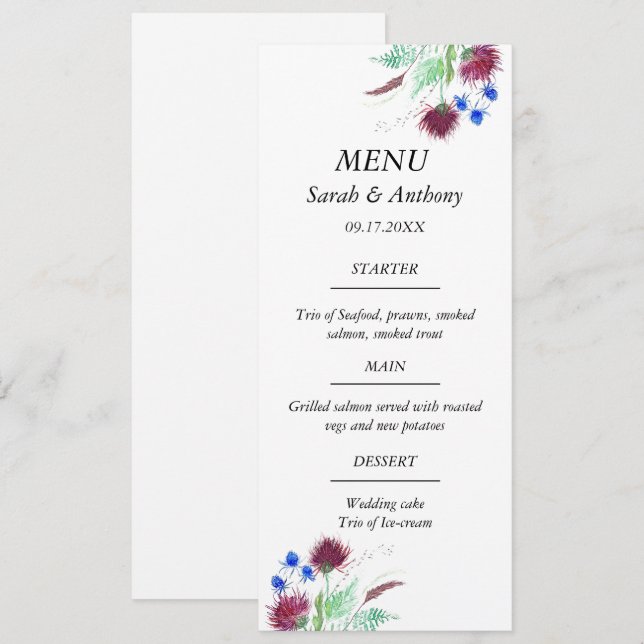 Thistle Scotland Floral Watercolor Wedding Food  Menu (Front/Back)