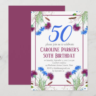 Thistle Scottish 50th Birthday Purple Floral Invitation