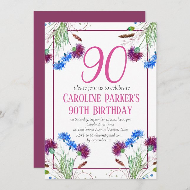 Thistle Scottish 90th Birthday Purple Floral Invitation (Front/Back)
