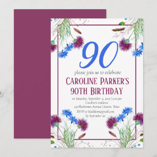 Thistle Scottish 90th Birthday Purple Floral Invitation