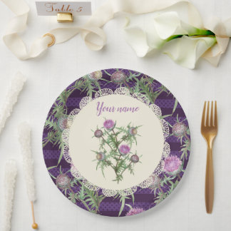 Thistle violet flowers paper plate