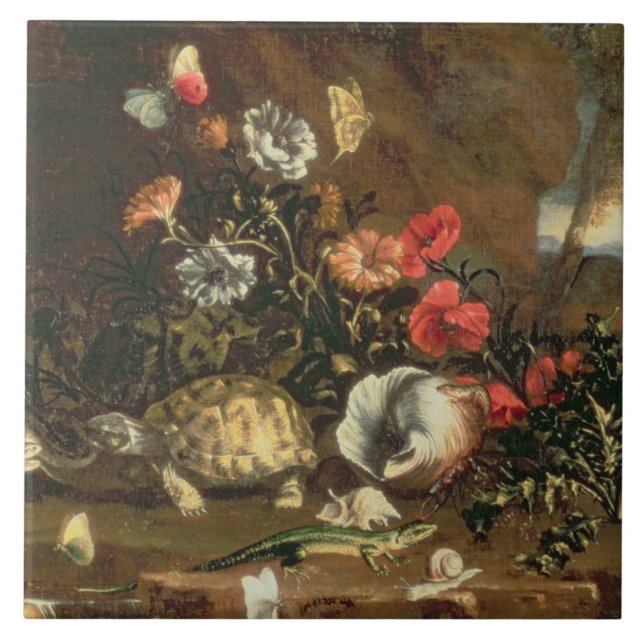 Thistles, flowers, reptiles and butterflies beside tile (Front)