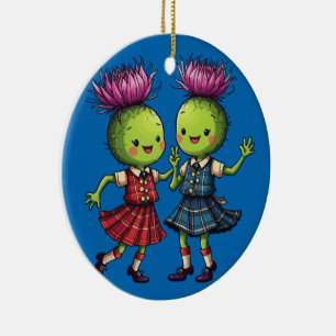Thistles Wearing Plaid Dancing Scottish Ceilidh Ceramic Tree Decoration