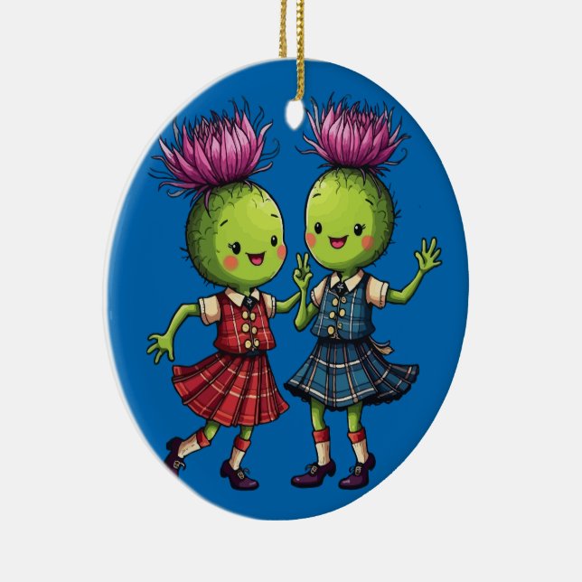 Thistles Wearing Plaid Dancing Scottish Ceilidh Ceramic Tree Decoration (Right)