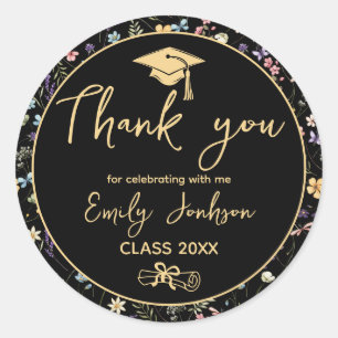 Thnak you Black Floral Graduation Party Classic Round Sticker