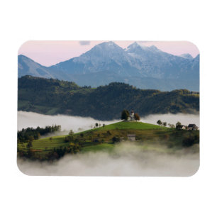Thomas church and mountains, Slovenia rect magnet