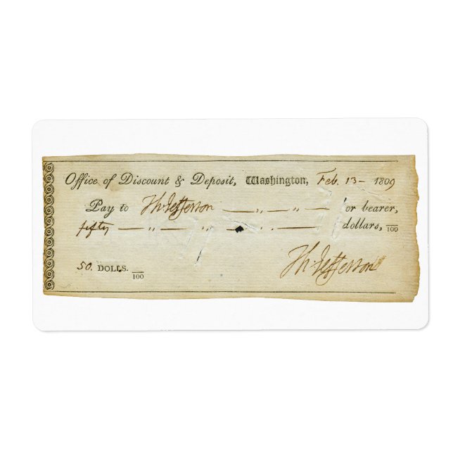 Thomas Jefferson Signature on Bank Check 1809 (Front)
